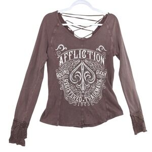 Affliction Waffle Knit Long Sleeve Top Strappy Lace Up Back Dusty Rose L Slim